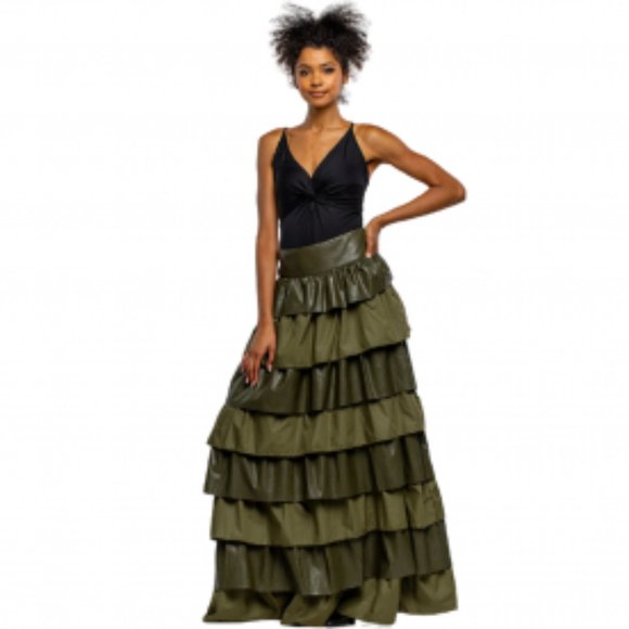 FAUX LEATHER AND COTTON LAYERED MAXI SKIRT - Picture 3 of 8